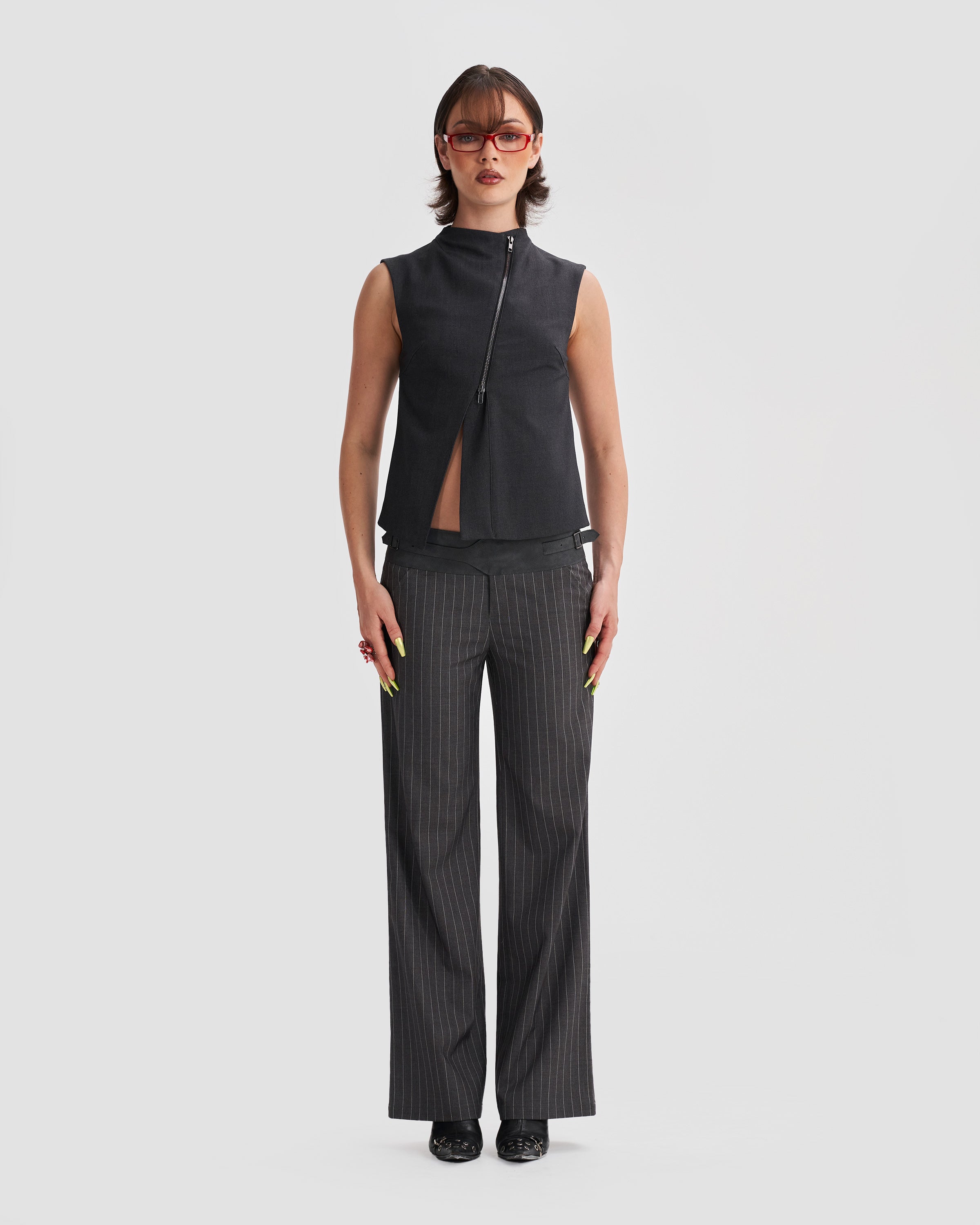 Image of Low-Rise Tailored Pinstripe Trousers with Buckle in Dark Grey