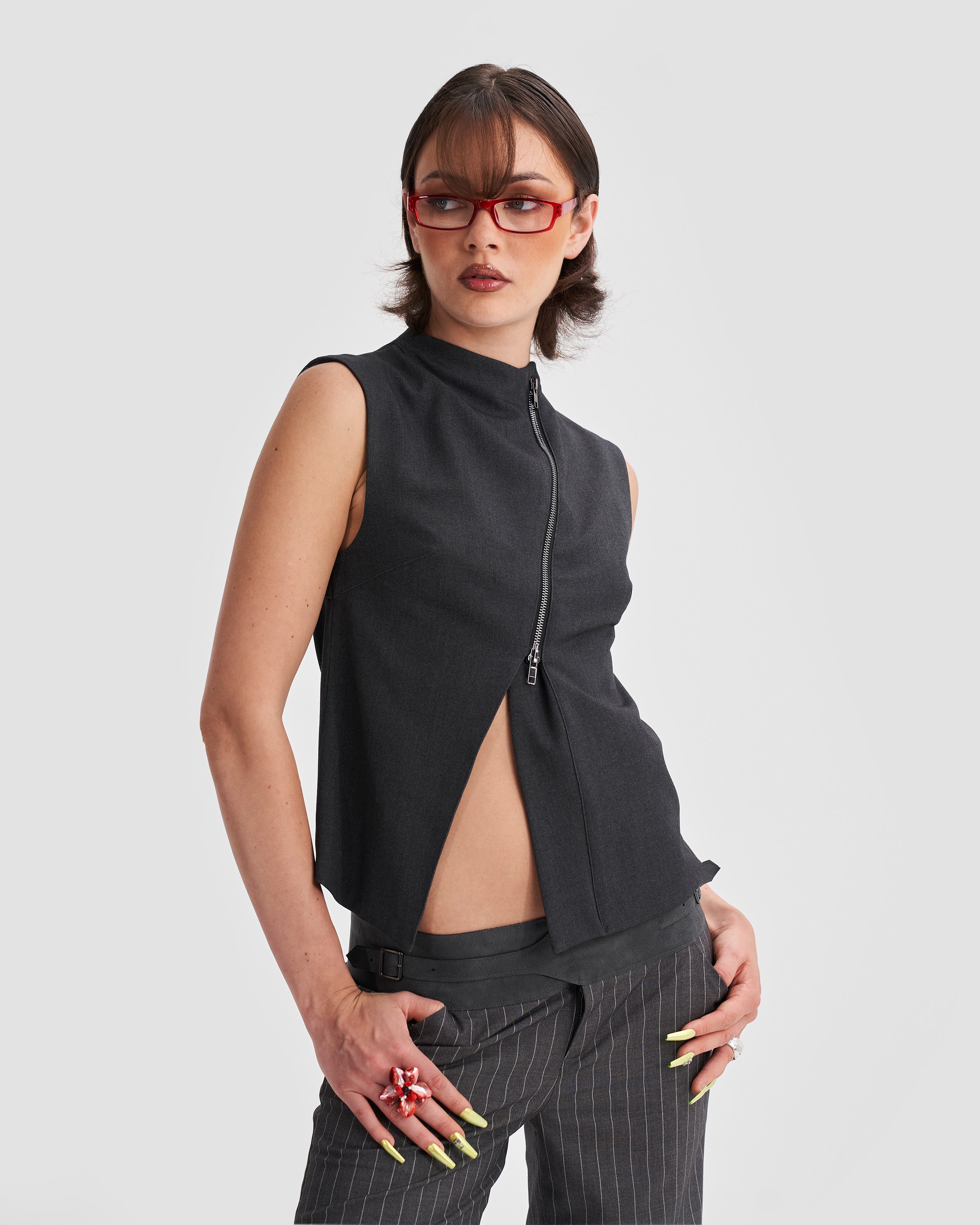 Image of Tailored Asymmetric Cap Sleeve Waistcoat in Dark Grey