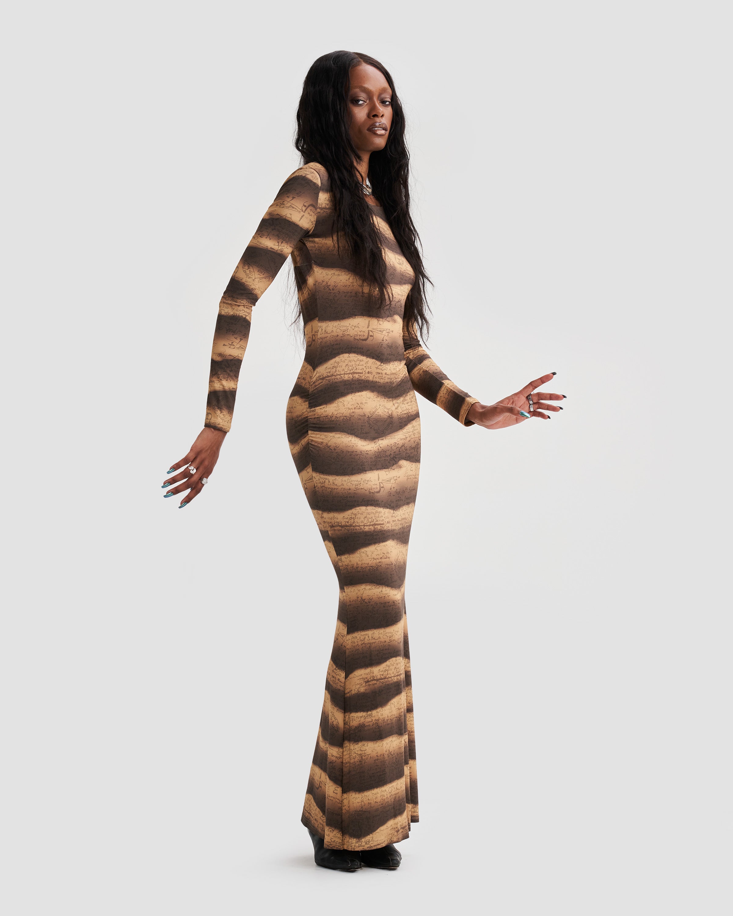 Image of Open Back Long Sleeve Mermaid Maxi Dress with Print in Beige