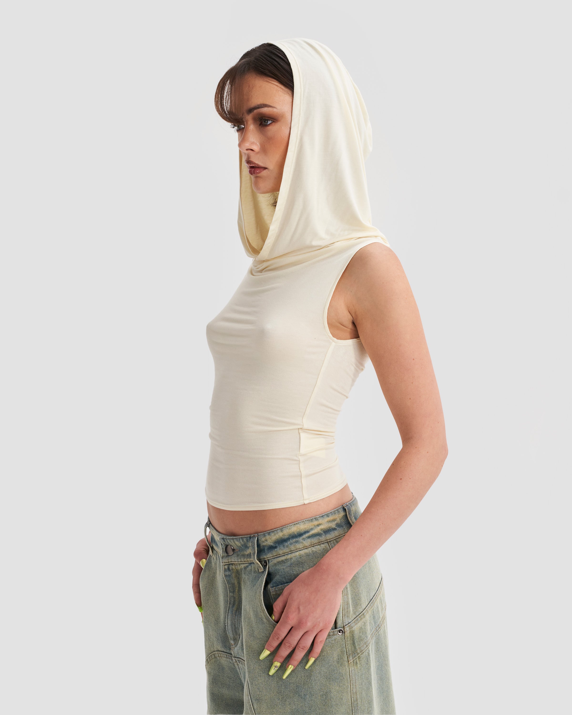 Image of Hooded Cowl Neck Tank Top in Cream
