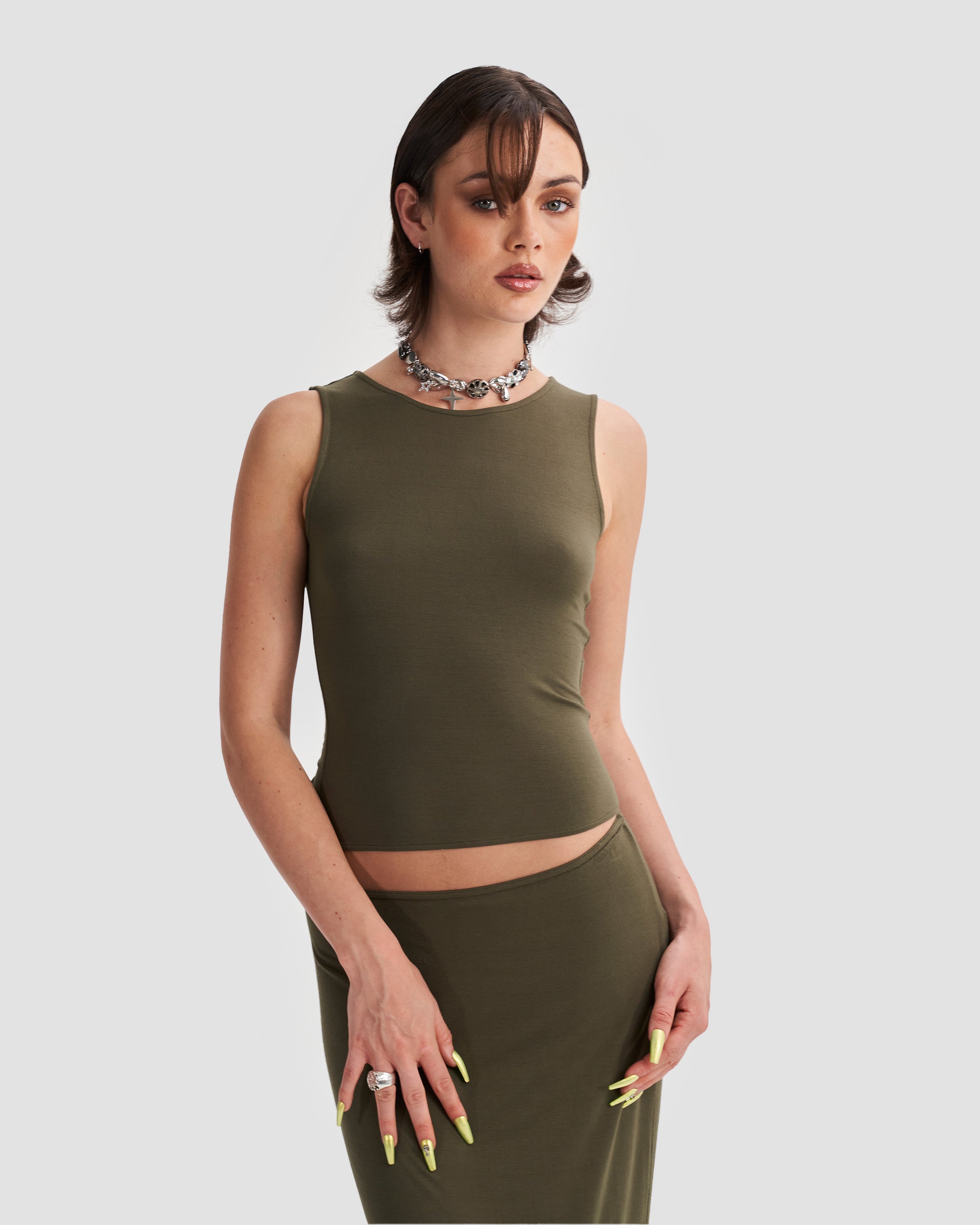 Fitted Jersey Tank Top Co-Ord in Khaki