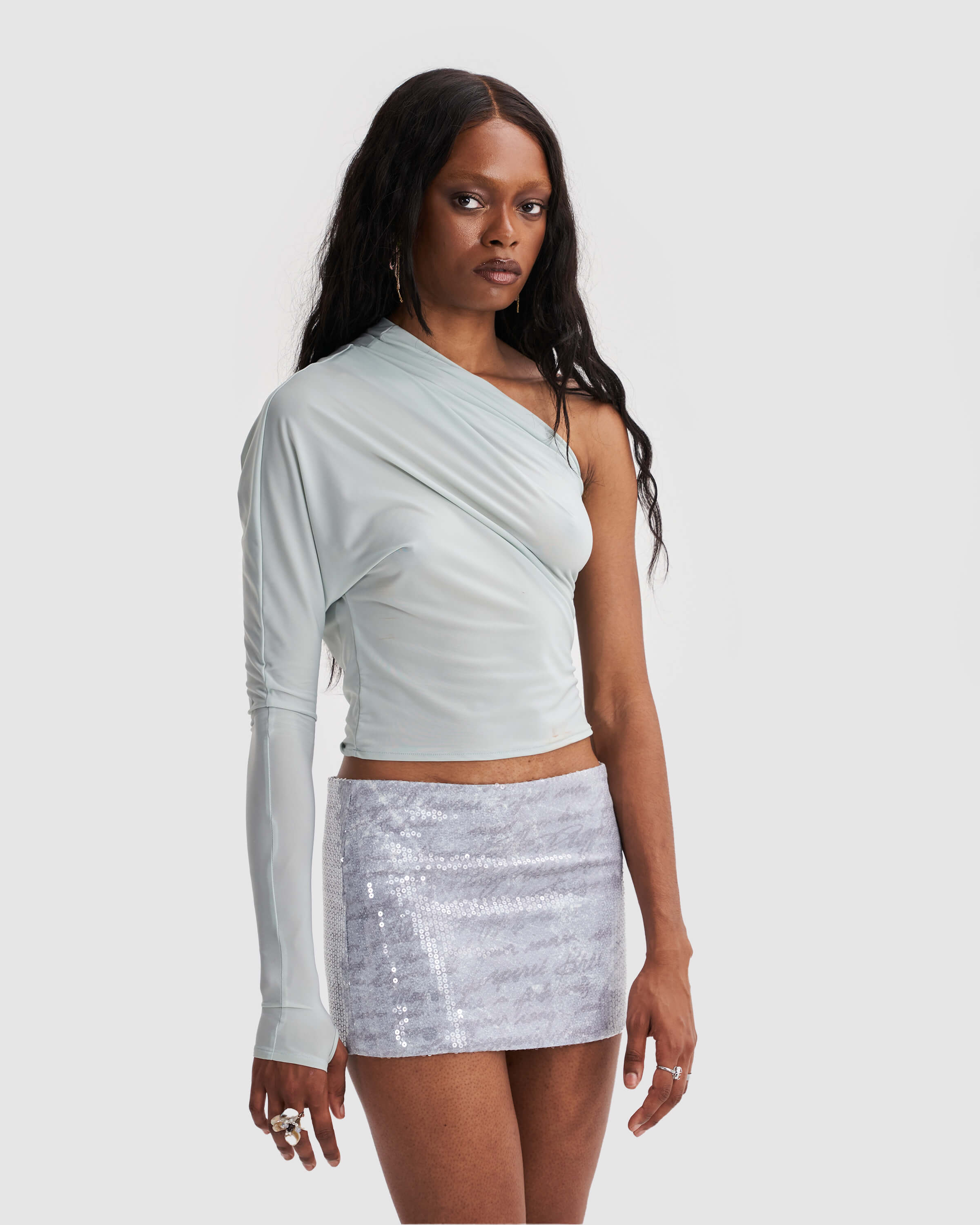 Image of One Sleeve Asymmetric Top in Light Grey