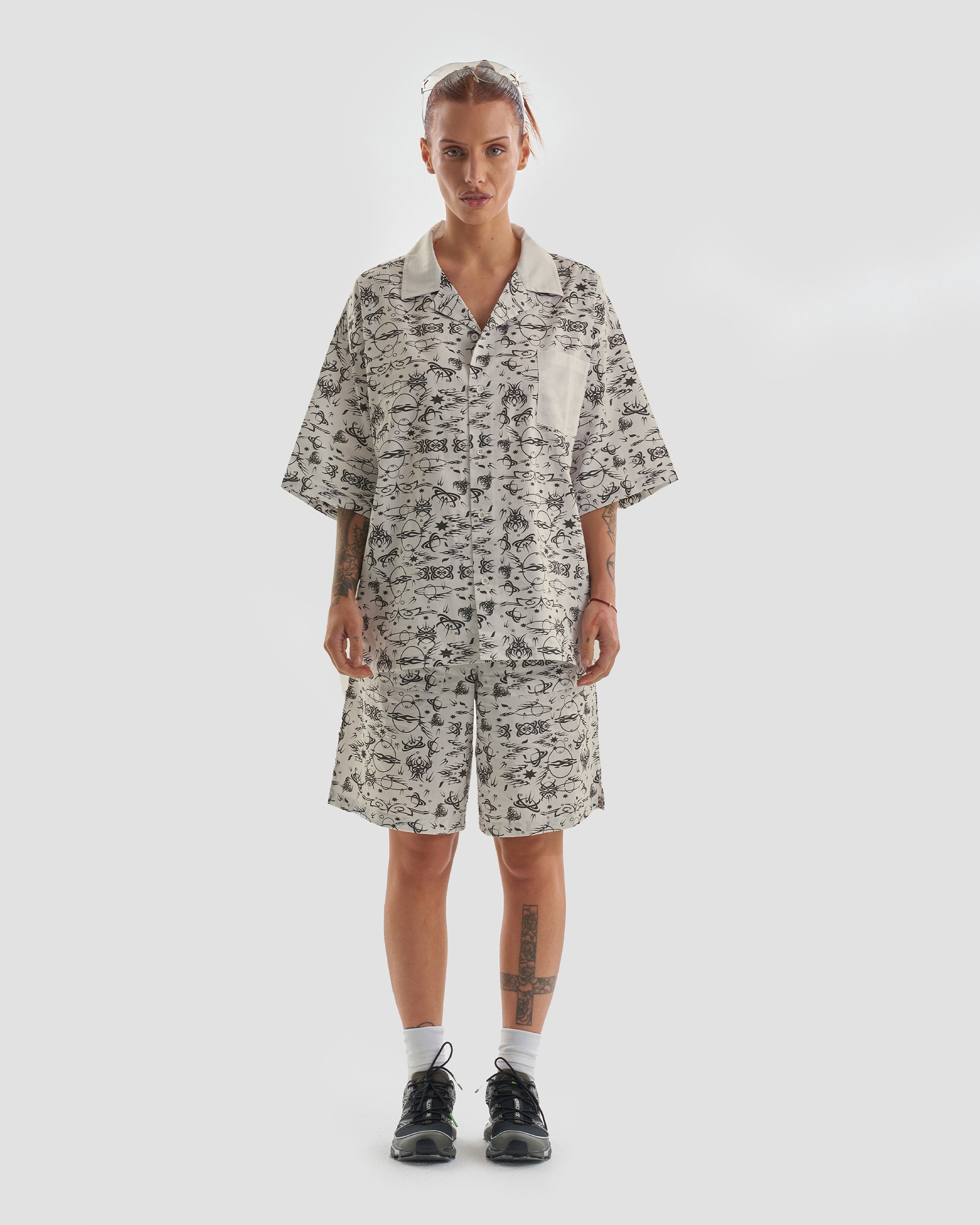 Image of No Regrets Oversized Short Sleeve Shirt with Tattoo Print in Ecru