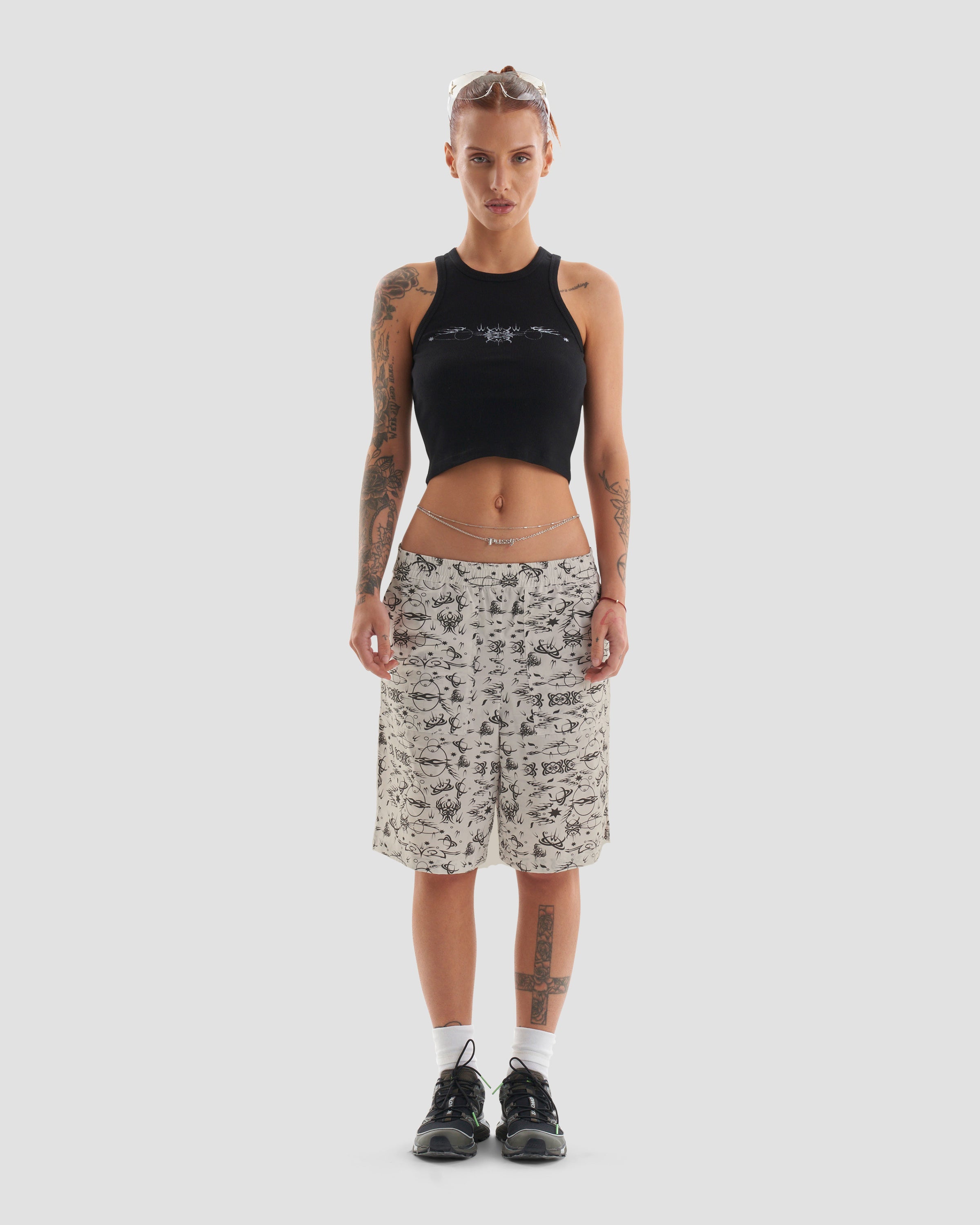 No Regrets Oversized Surfer Shorts with Tattoo Print in Ecru