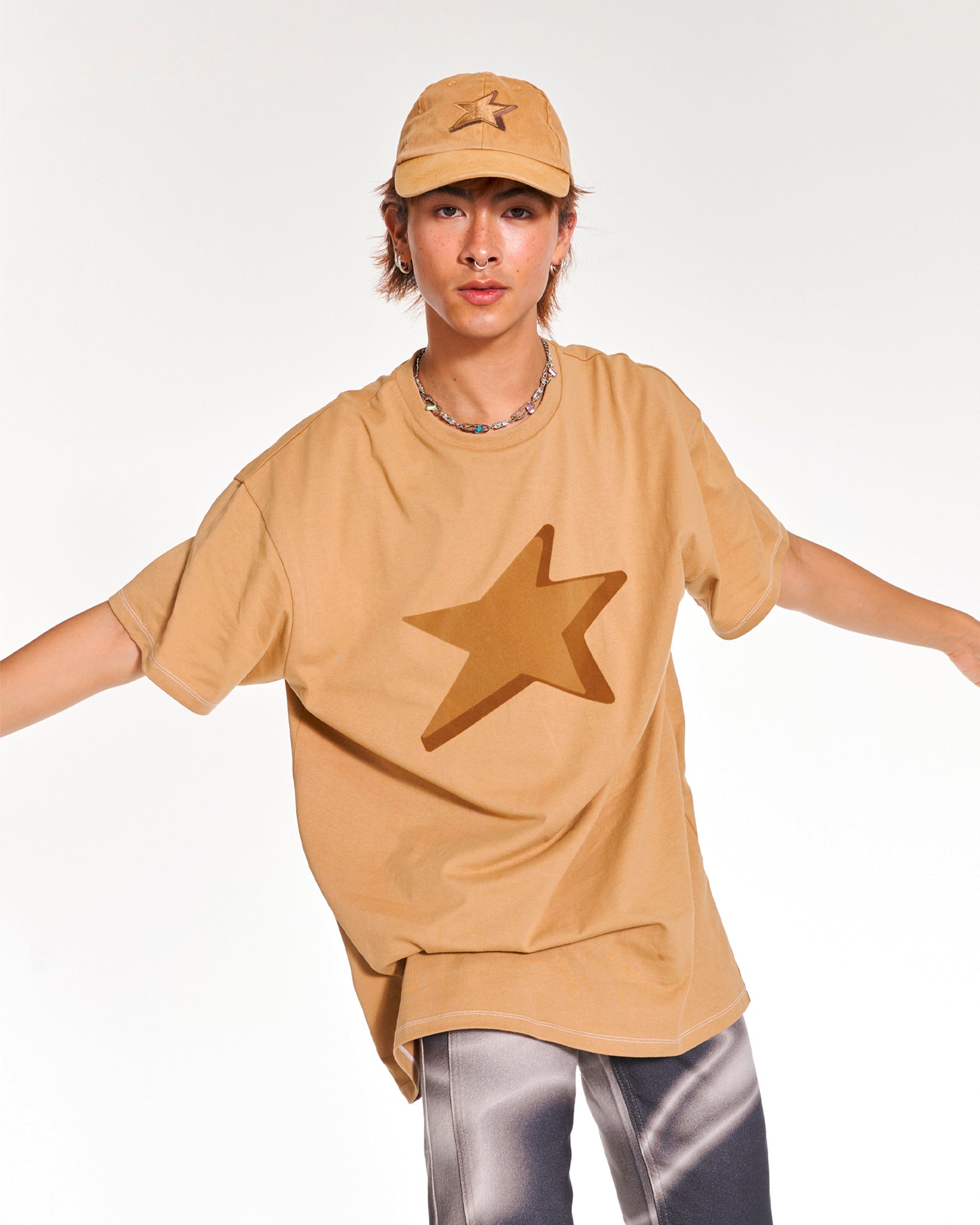 Image of Star Gazer Oversized Raglan T Shirt With Graphic In Beige