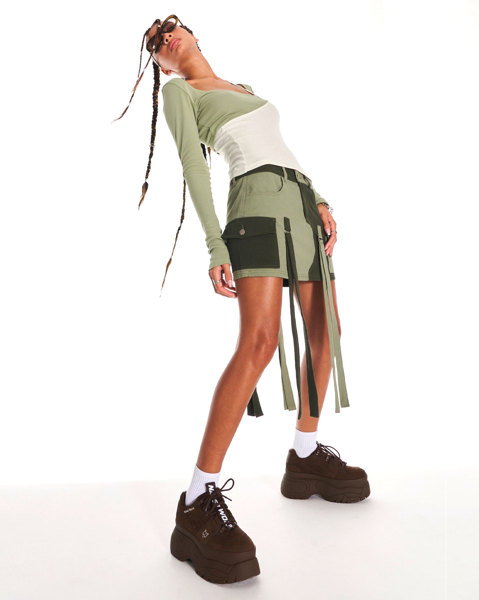 Image of Cyber Twill Y2K Mini Cargo Skirt With Tassels In Green