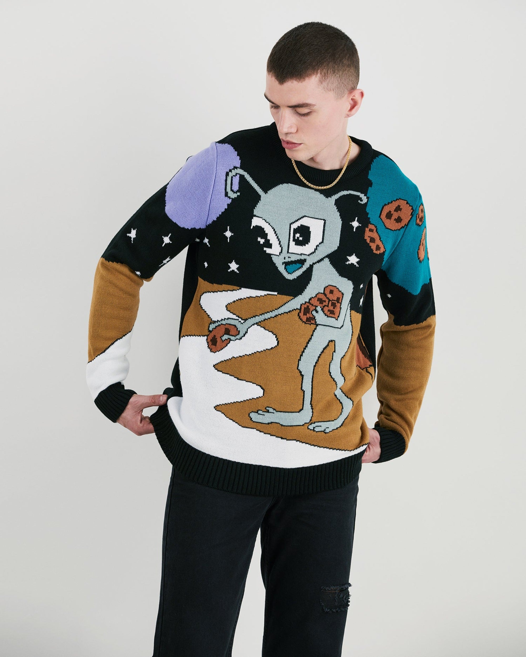 Alien Cookies Oversized Knit Crewneck Sweater With Graphic In Multicolour