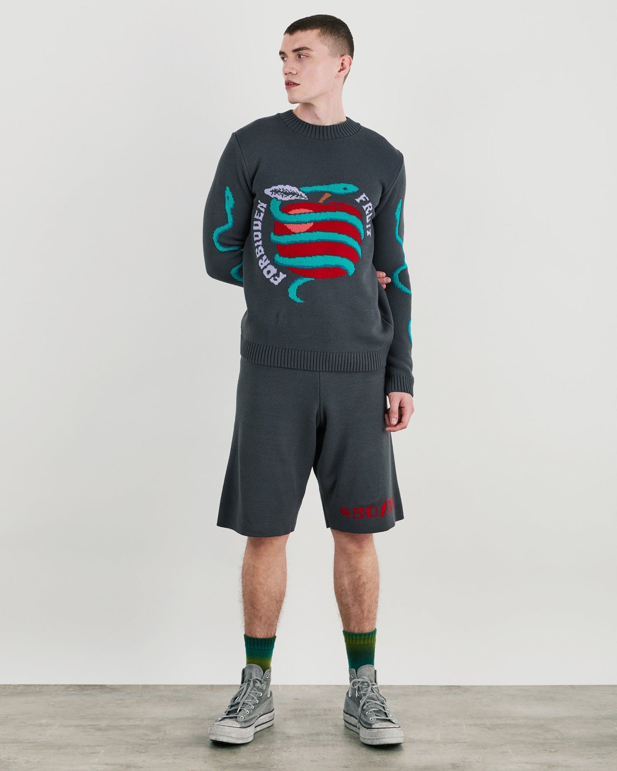 Forbidden Fruit Fitted Knit Crew Neck Jumper With Graphic In Dark Grey