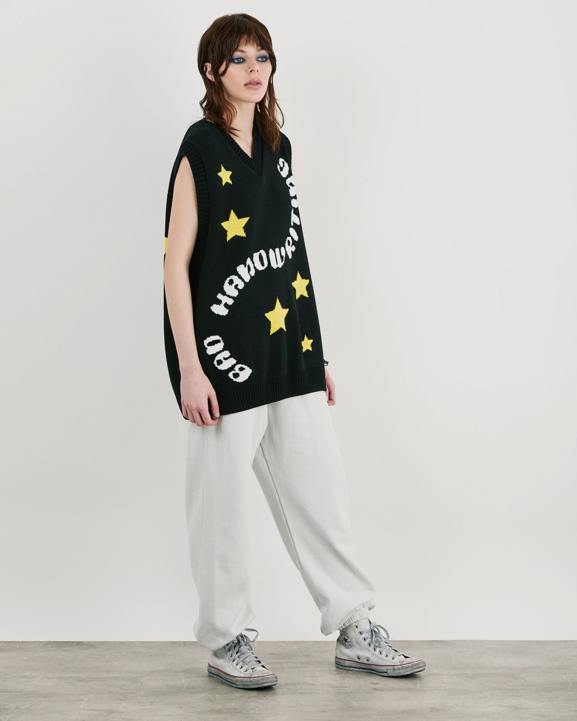 Image of Stardawg Oversized V Neck Knit Sweater Vest With Graphic In Black