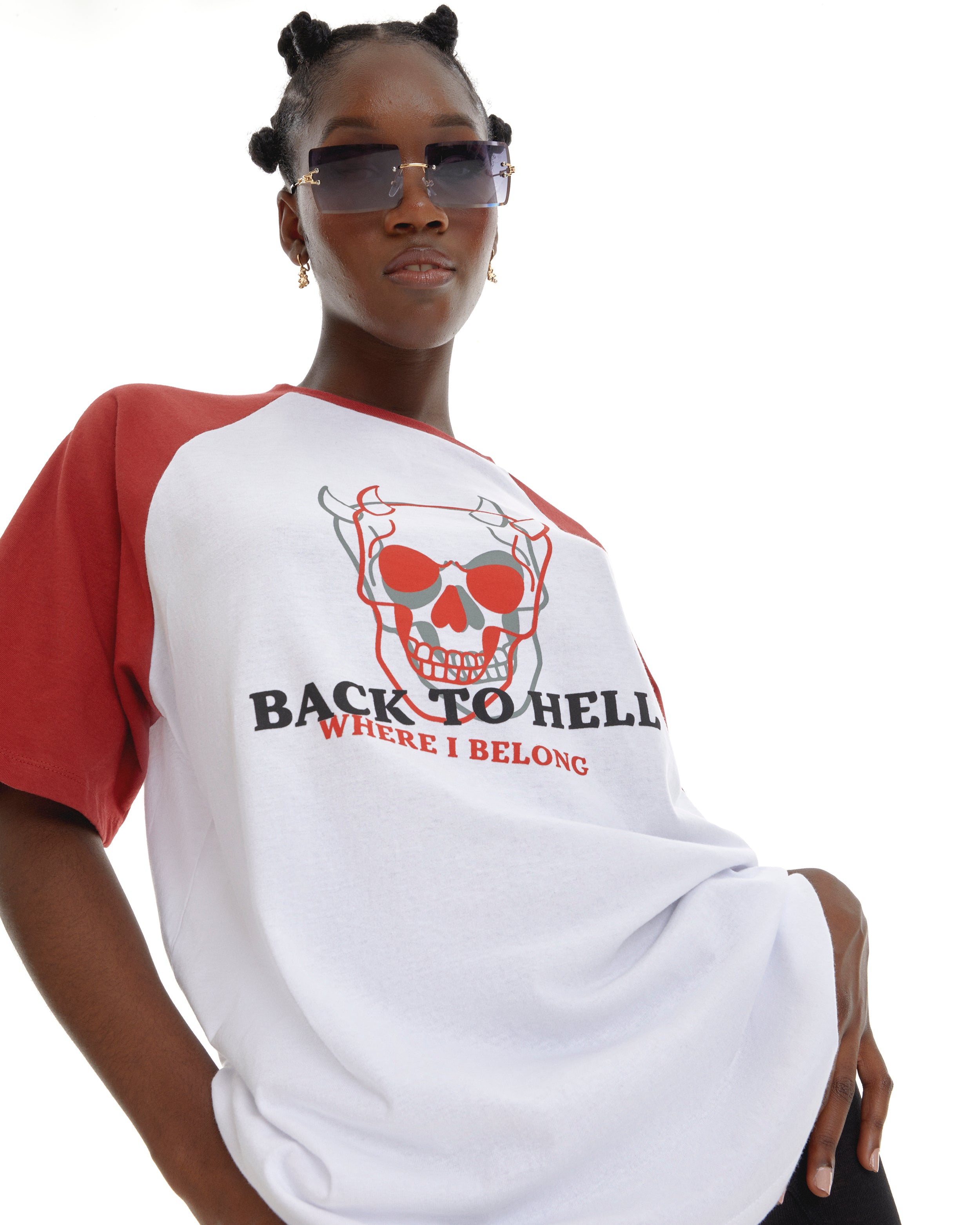 Back2Hell Oversized Raglan Tee With Chest Graphic In Red And White