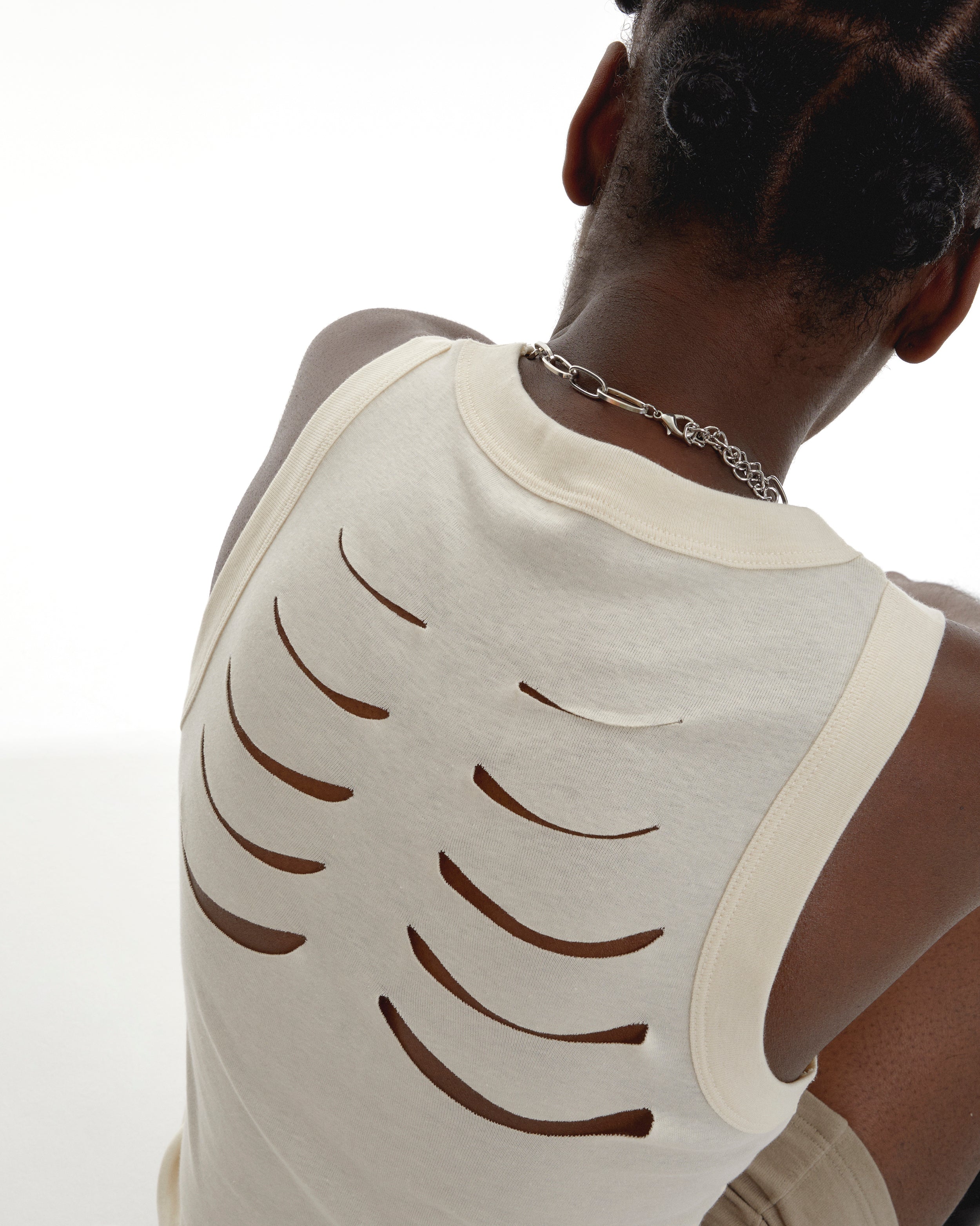 Image of Exposé Slash Y2K Crop Tank Top With Cut Outs And Asymmetric Hem In Cream