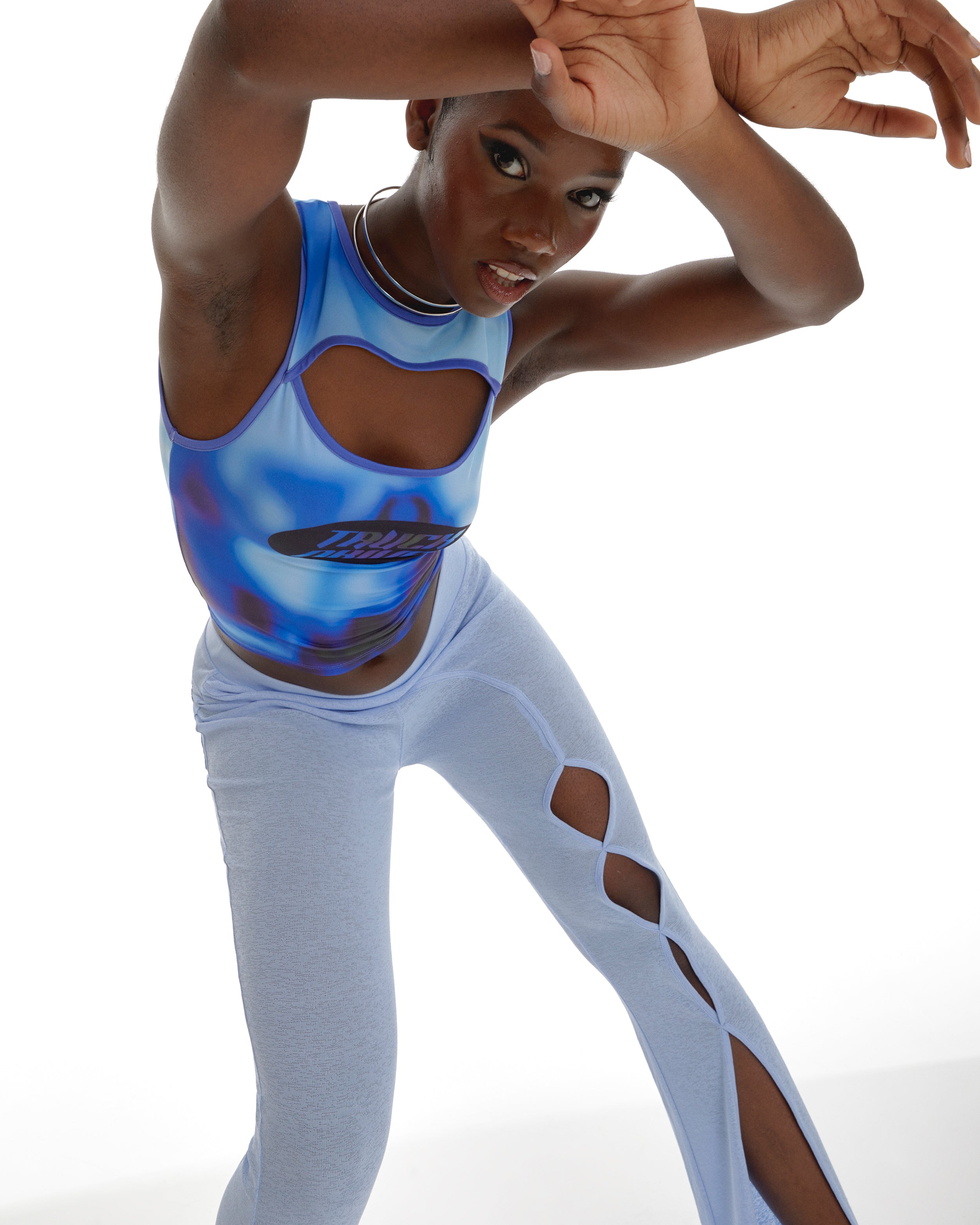 Image of Bumper Sticker Truck Driver Fitted Crop Top With Front Cut Out And Graphic In Blue Ombre