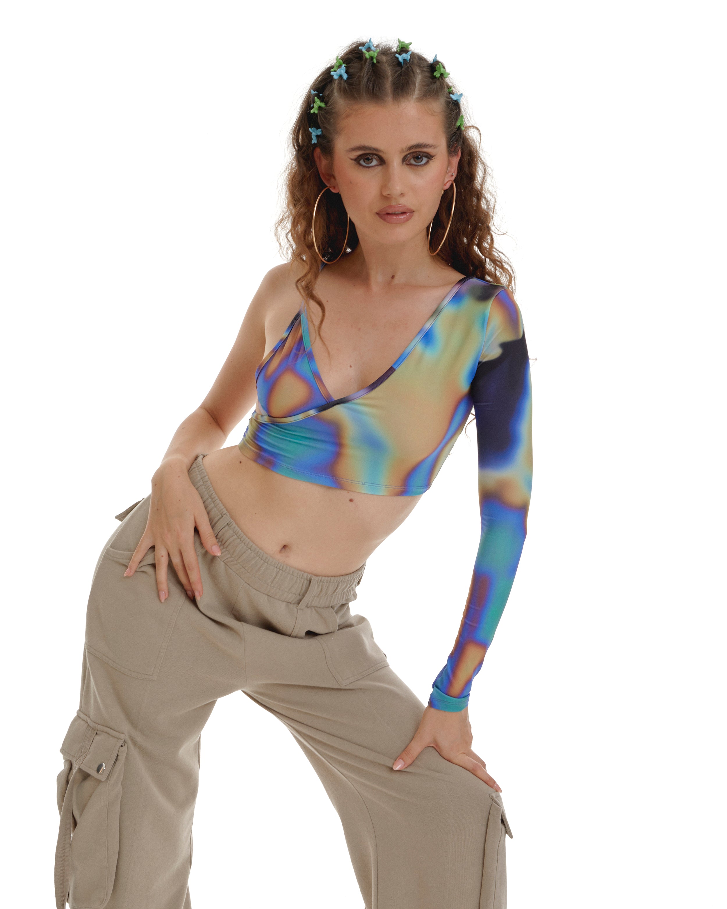 Video Vixen Asymmetric Crop Top With Abstract Print In Multicolour