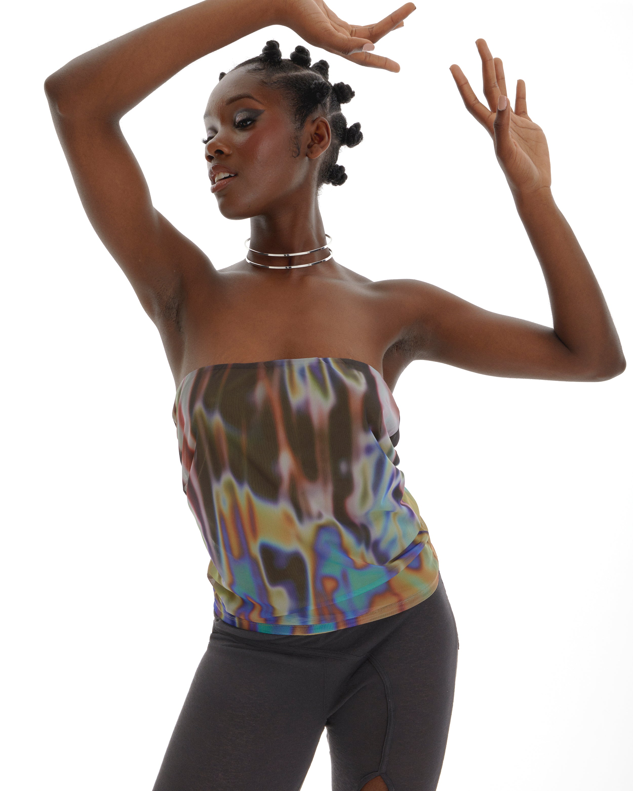 Image of It's Not A Phase Y2K Bandeau Mesh Top With Abstract Print In Multicolour