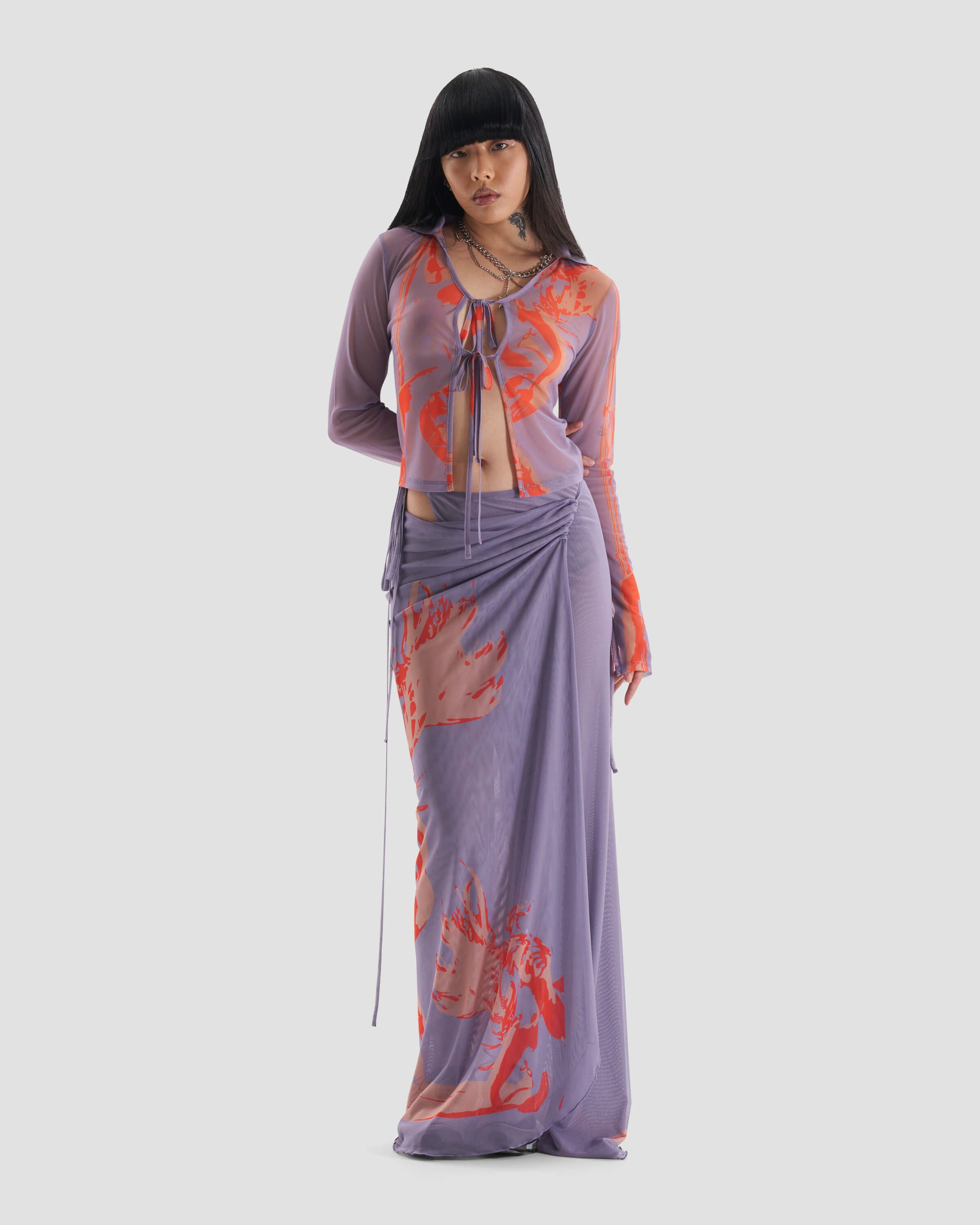 Modern Co-Ord Printed Mesh Wrap Maxi Skirt with Tie Detail in Purple