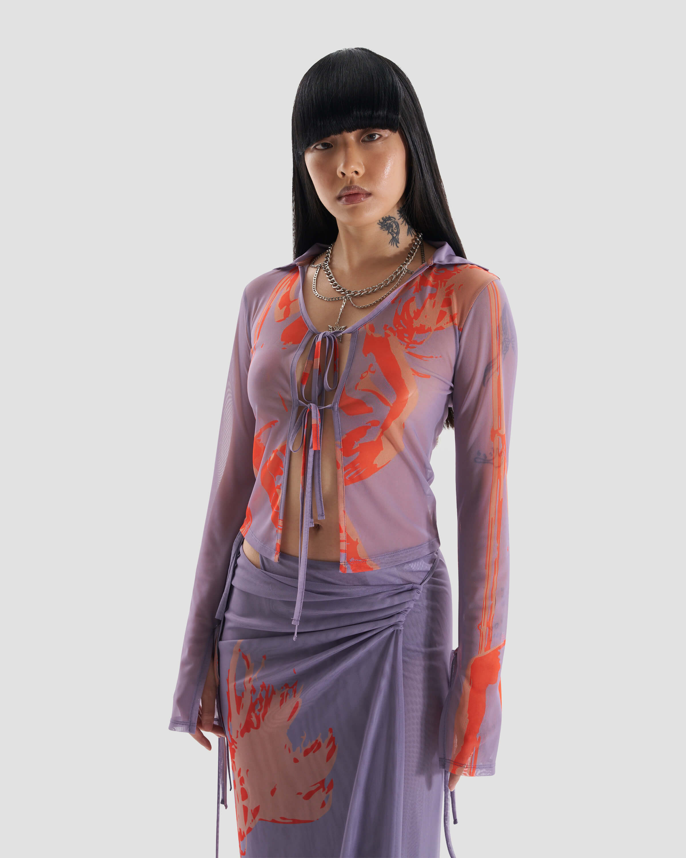 Image of Modern Co-Ord Printed Mesh Shirt with Tie Detail in Purple