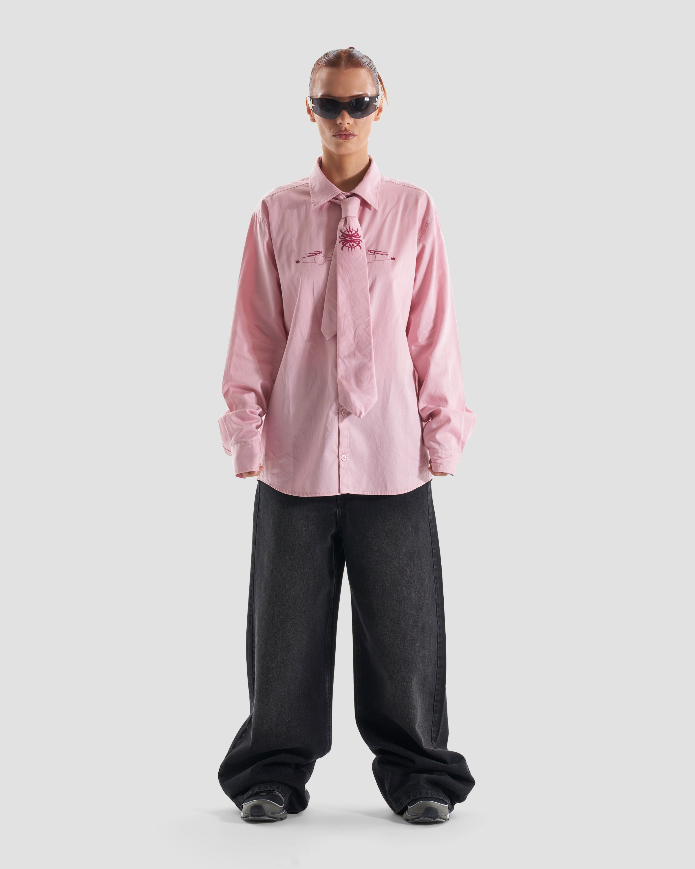 Image of Kash Set Oversized Shirt and Tie with Tattoo Print in Pink