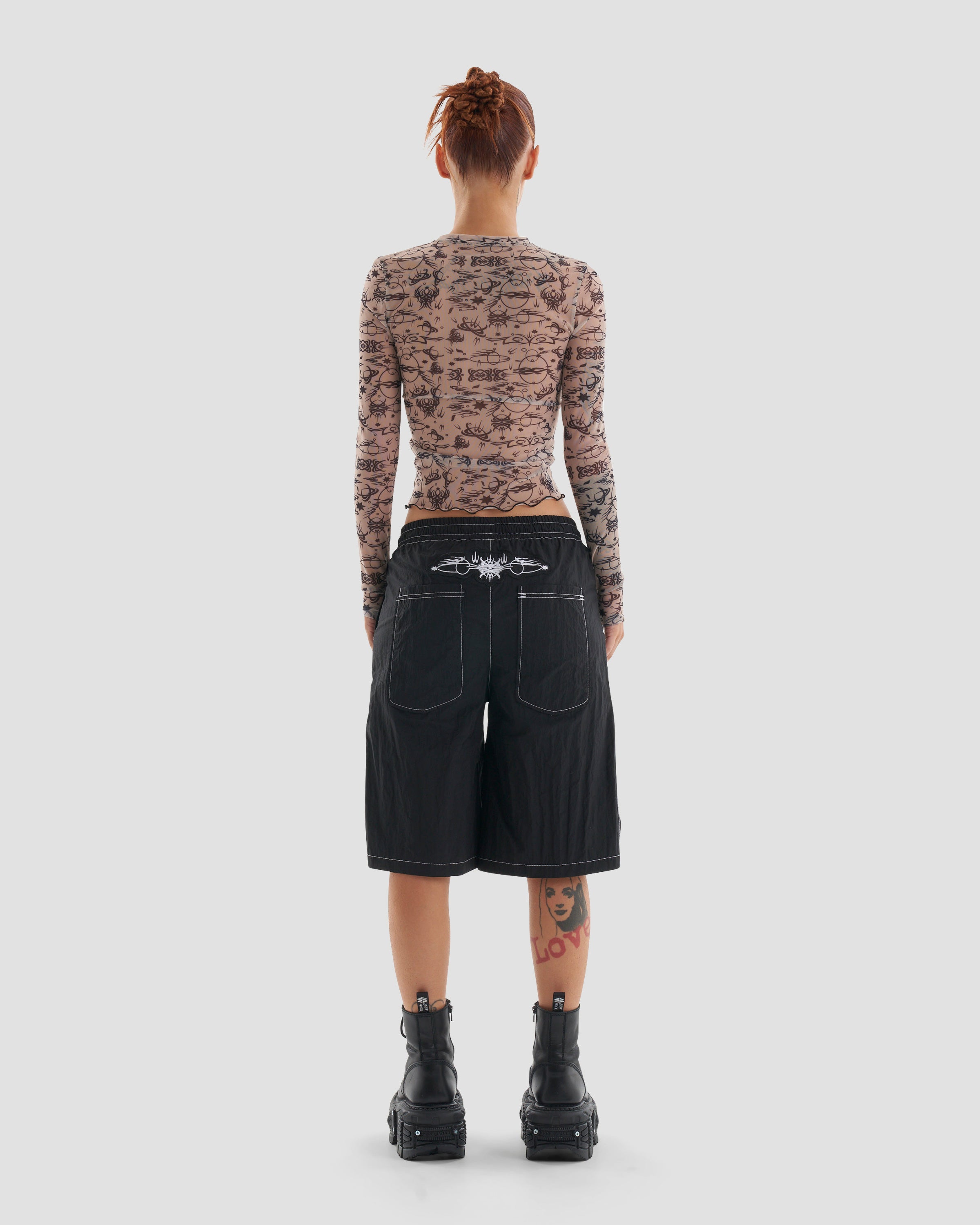Image of Play Harder Oversized Parachute Basketball Shorts with Tattoo Print in Black