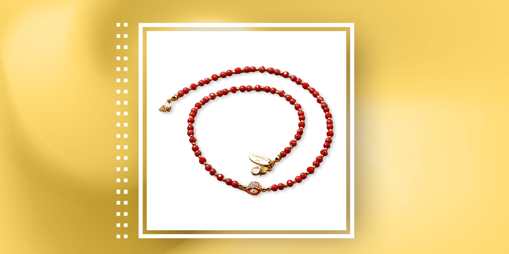 Gioconda Vernazza Choker Necklace in Coral Gold-Plated White Zirconia Encrusted Red Nazar Charm Matte Red Crystals and Gold-Plated Beads