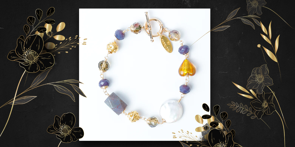 Gioconda Vivaldi Entorchado Bracelet in Heather Purple Agate and Matte Indigo Crystal with Gold Murano Heart and White Baroque Pearl Sequin