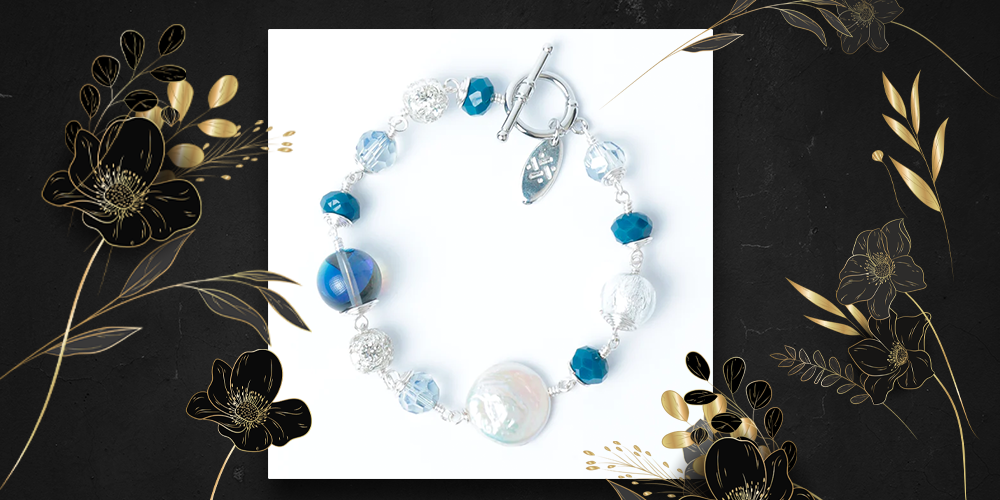 Gioconda Vivaldi Entorchado Bracelet in Blue Aura Quartz Oxford Blue Crystal with Silver Murano Sphere and White Baroque Pearl Sequin