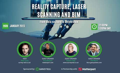 Laser scanning webinar image with speakers from GeoSLAM, Leica Geosystems and Matterport