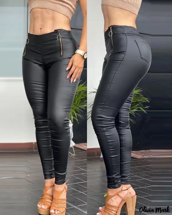 Olivia Mark - PU leather slim pants with zipper pocket