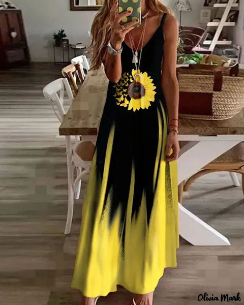 Olivia Mark - Sunflower Butterfly Print Colorblock Maxi Dress