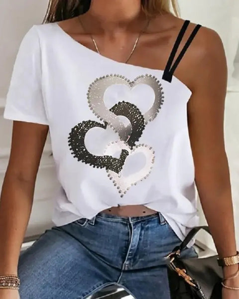 Olivia Mark - Asymmetric collar t-shirt with heart print