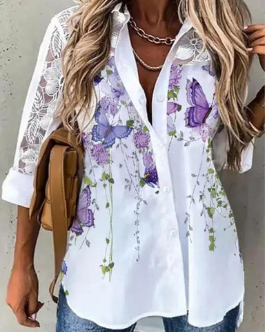 Olivia Mark - Butterfly floral print contrast lace shirt