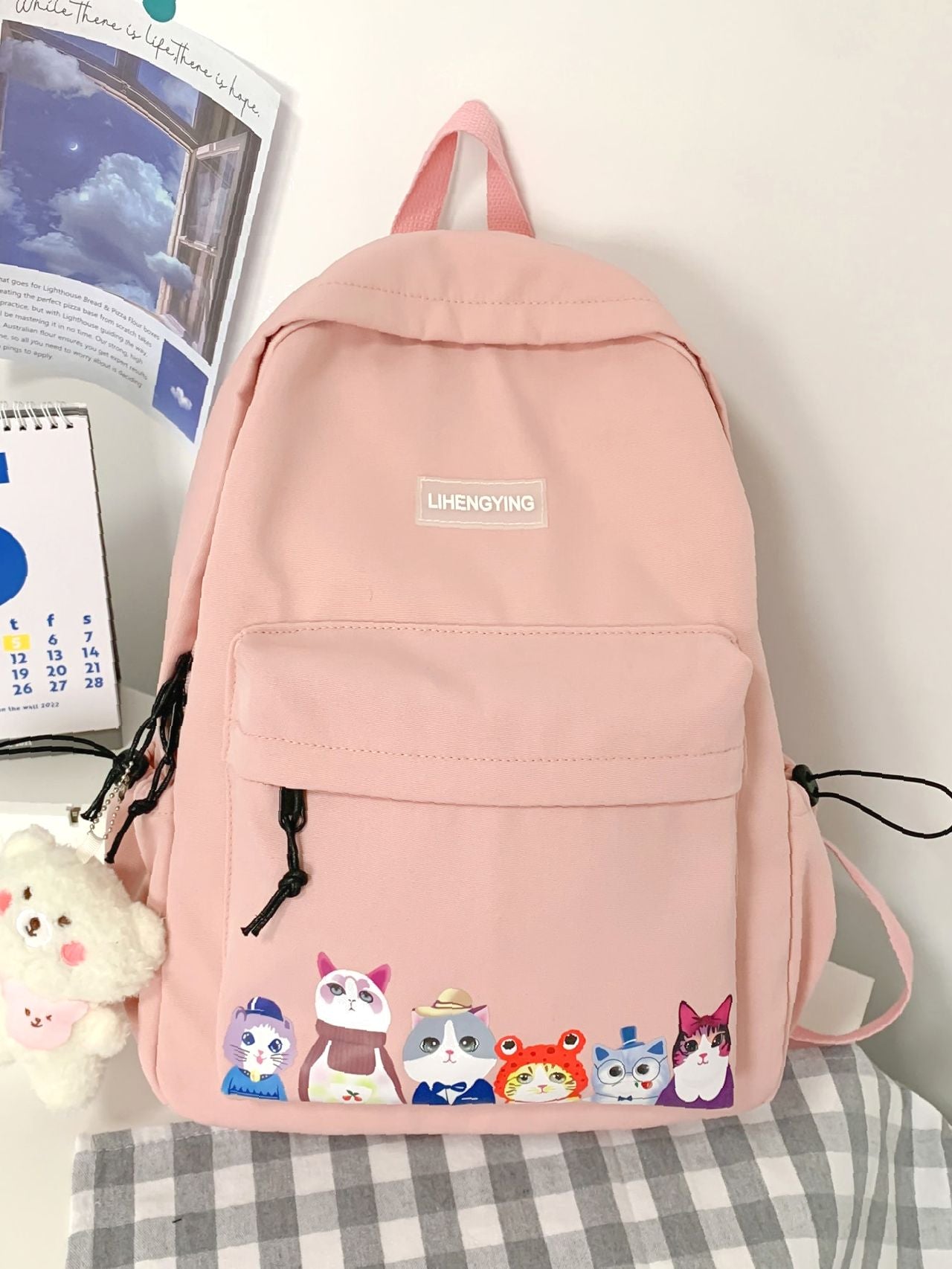 Olivia Mark - Cartoon Graphic Letter Patch Backpack with Cartoon Charm  - Women Backpacks