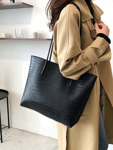 Olivia Mark - Crocodile Embossed Shoulder Tote Bag with Coin Purse  - Women Tote Bags