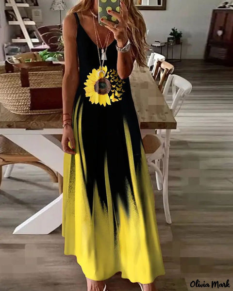 Olivia Mark - Sunflower Butterfly Print Colorblock Maxi Dress