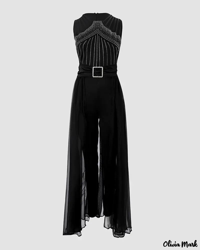 Olivia Mark - Rhinestone Sheer Mesh Sleeveless Jumpsuit