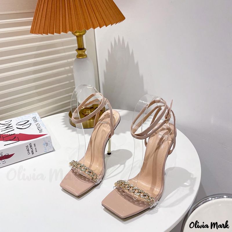 Olivia Mark - Womens Chunky-Heeled Metal Chain-Link Sandals with Squar