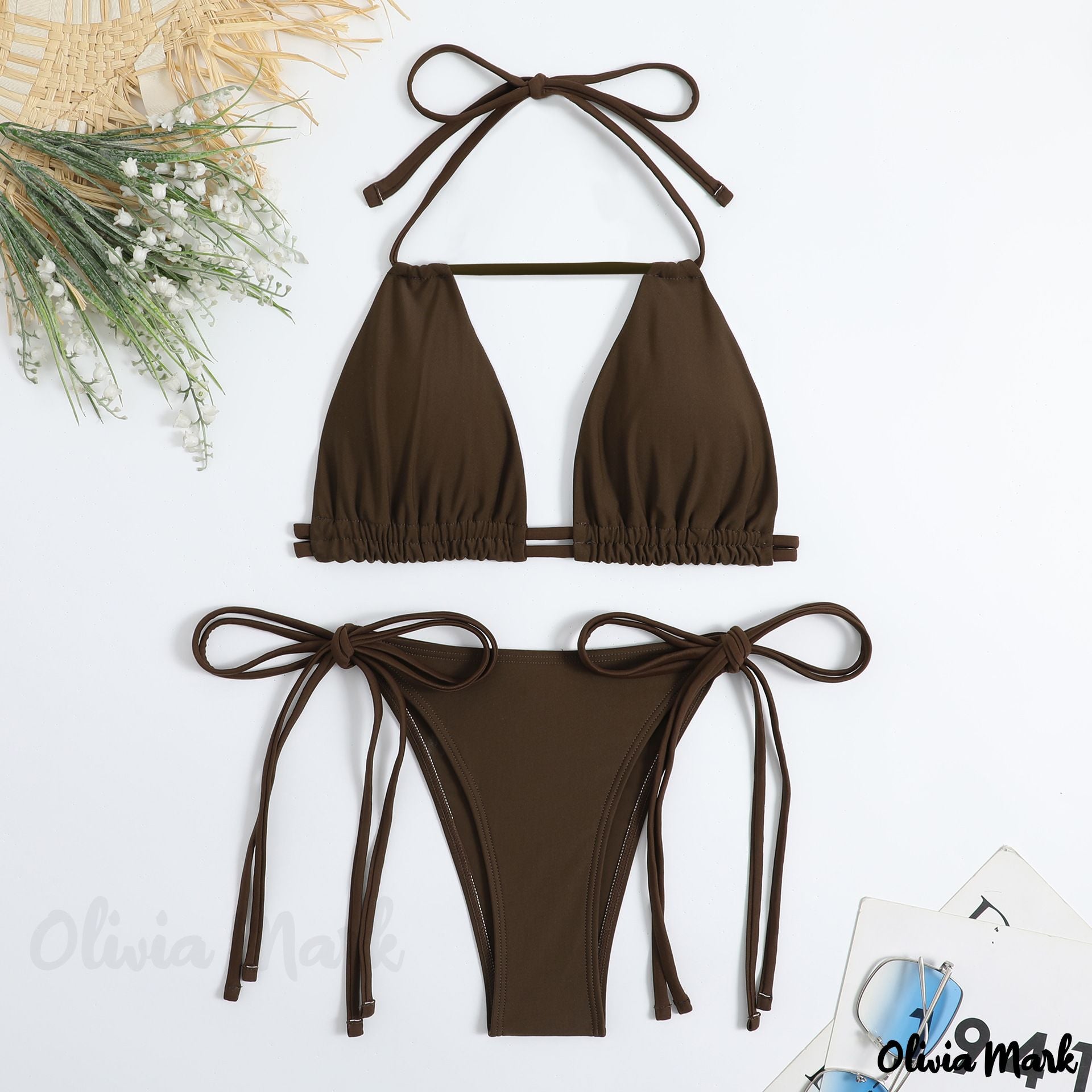 Olivia Mark - Solid Color Rope High Neck Hollow Out Bikini Swimsuit