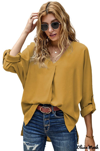 Olivia Mark - Yellow V-Neck 3/4 Sleeve High Low Hem Shirt