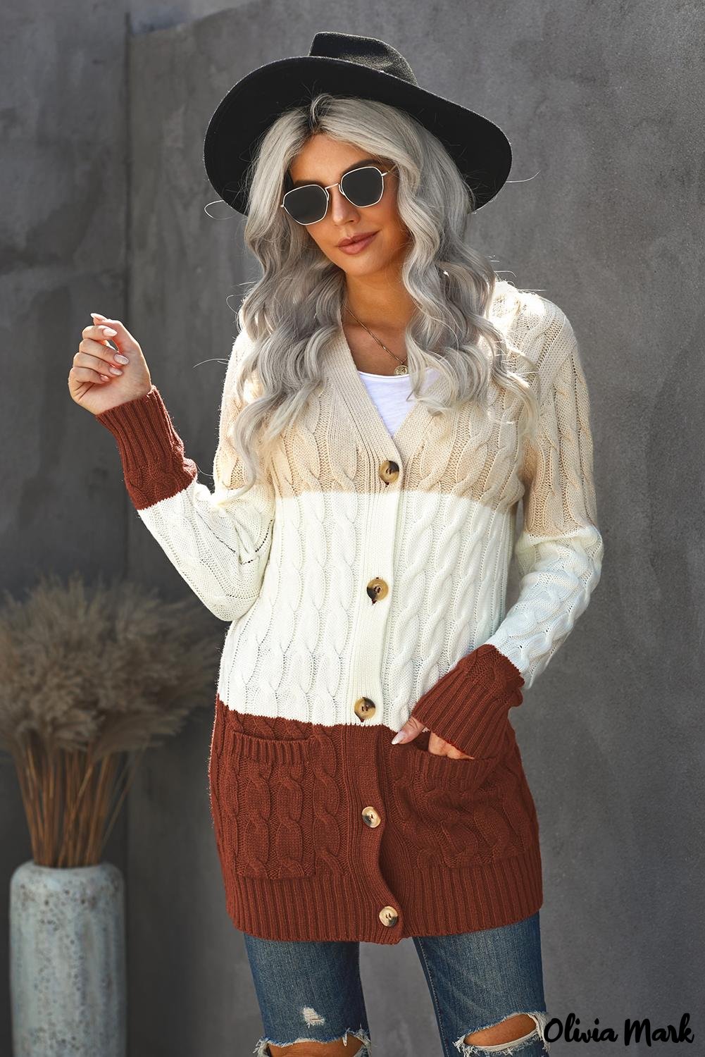 Olivia Mark - Apricot color block knit cardigan with buttoned pocket