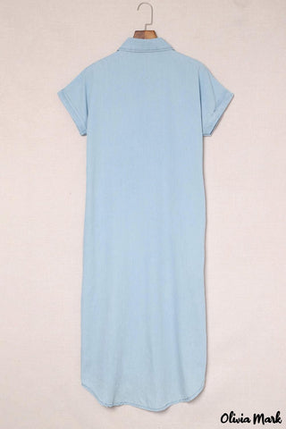 Olivia Mark - Sky blue chambray midi dress with short sleeves