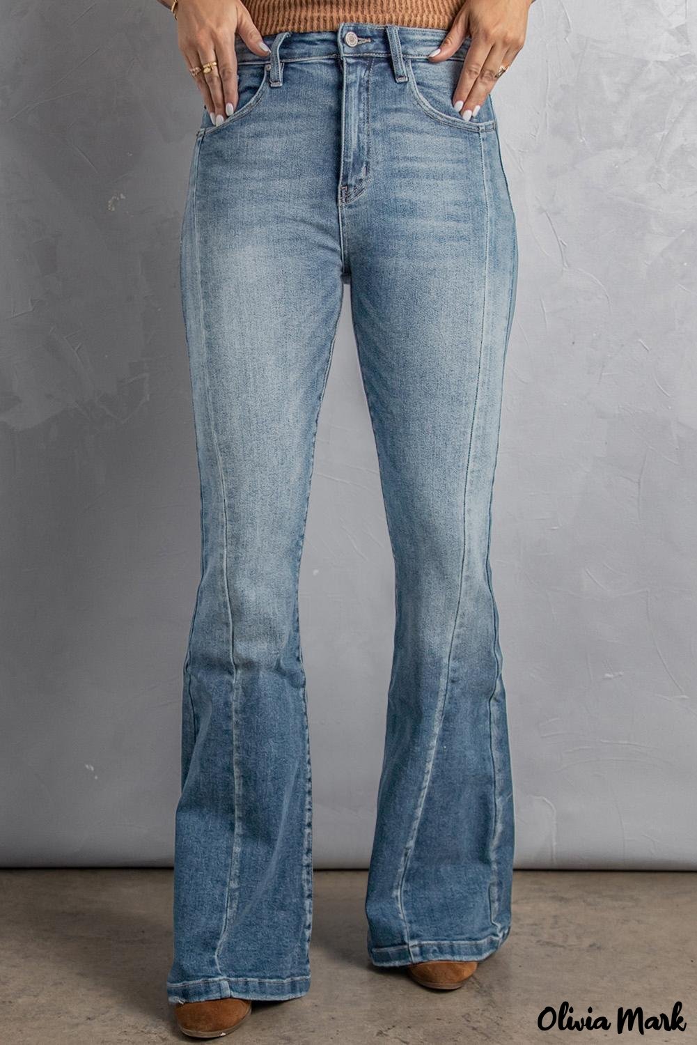 Olivia Mark - Sky Blue High Waist Flare Jeans with Pockets