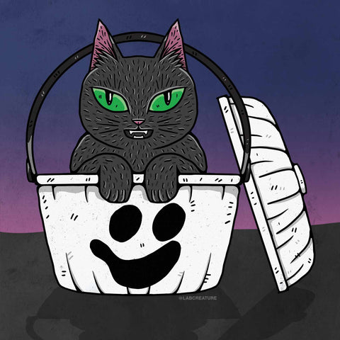 Illustration of a black cat sitting in a white McDonald's Boo Bucket Ghost