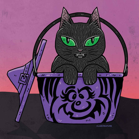 Illustration of a black cat sitting in a purple McDonald's Boo Bucket Witch