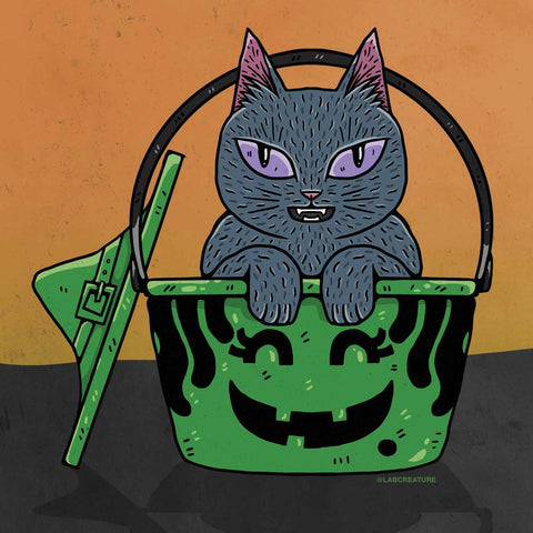Illustration of a grey cat sitting in a green McDonald's Boo Bucket Witch