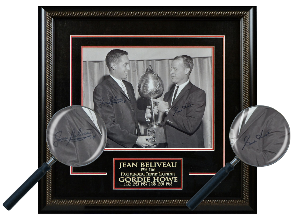 Jean Beliveau and Gordie Howe dual-signed framed Hart Trophy Photo. Frameworth Sports