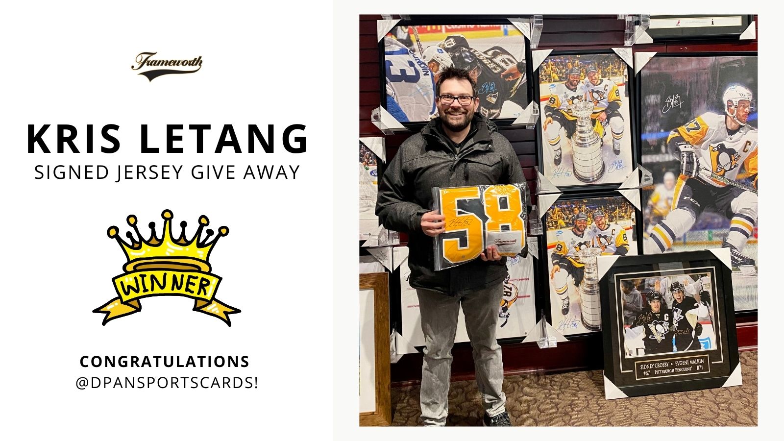 Kris Letang signed jersey give away. Frameworth Sports