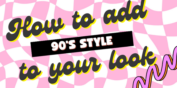 blog banner with a white and pink checkered backdrop that reads how to add 90's style to your look