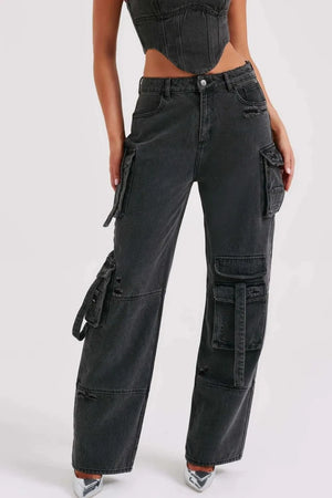 High Waist Cargo Wide Leg Jeans - Quantum Luv