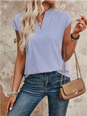 Striped Notched Cap Sleeve Blouse - Quantum Luv