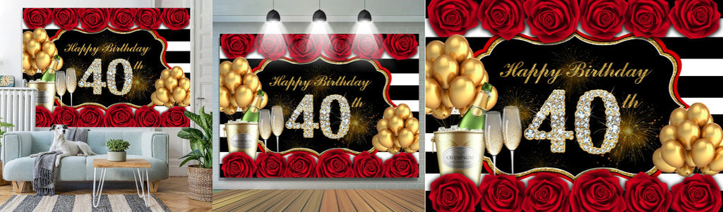 Gold Balloon And Red Rose Happy 40Th Birthday Backdrop - Lofaris