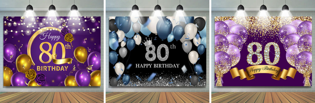 Violet Balloon Floral Happy 80Th Birthday Backdrop – Lofaris